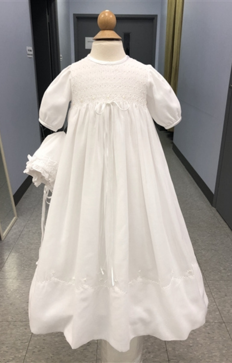 Andrea Smocked Baptism Gown: WHITE or IVORY