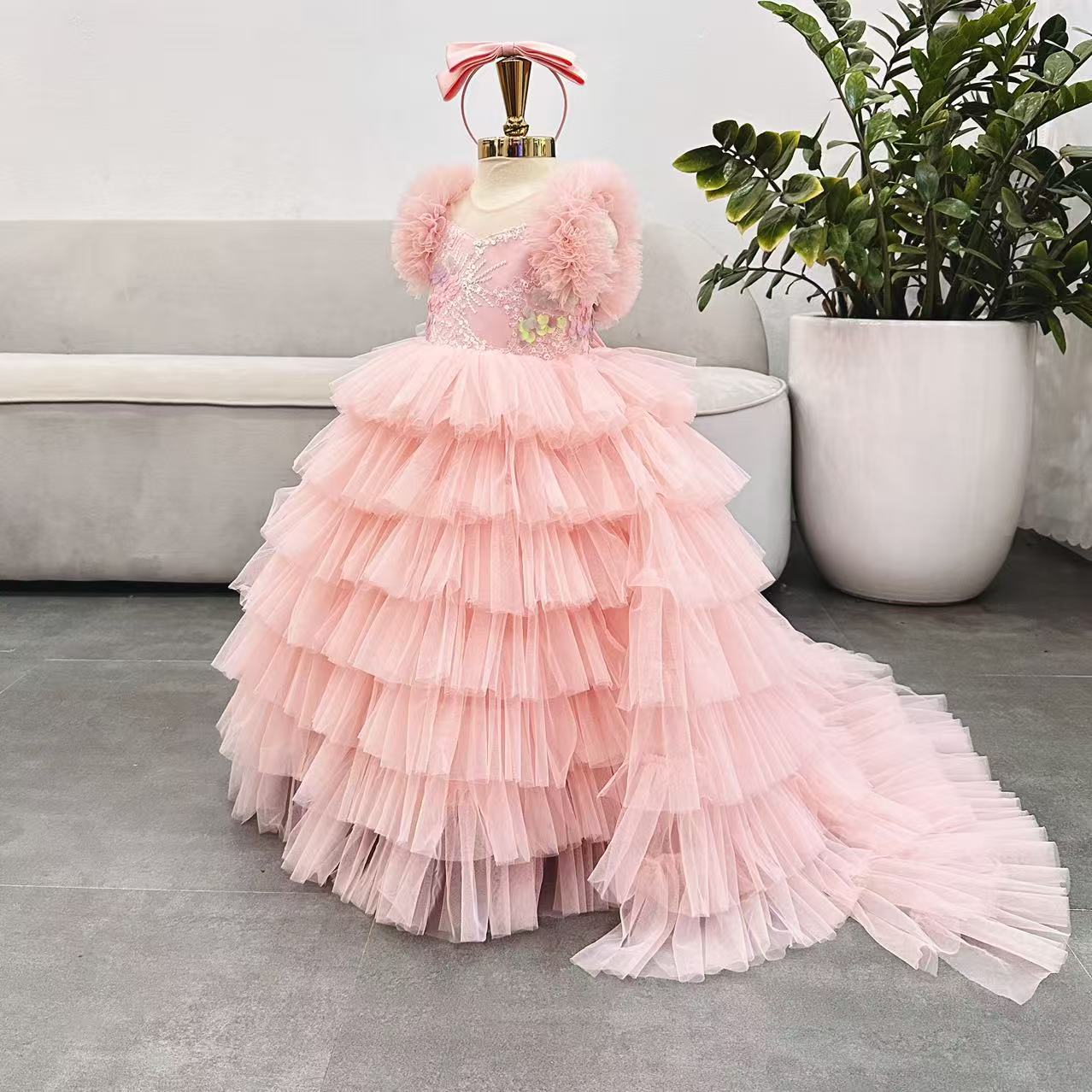 Puffy Long  Dress with Train: Peach
