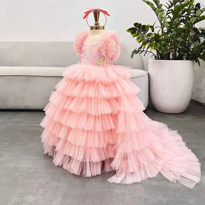 Puffy Long  Dress with Train: Peach
