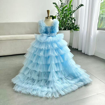 Puffy Long  Dress with Train: Blue