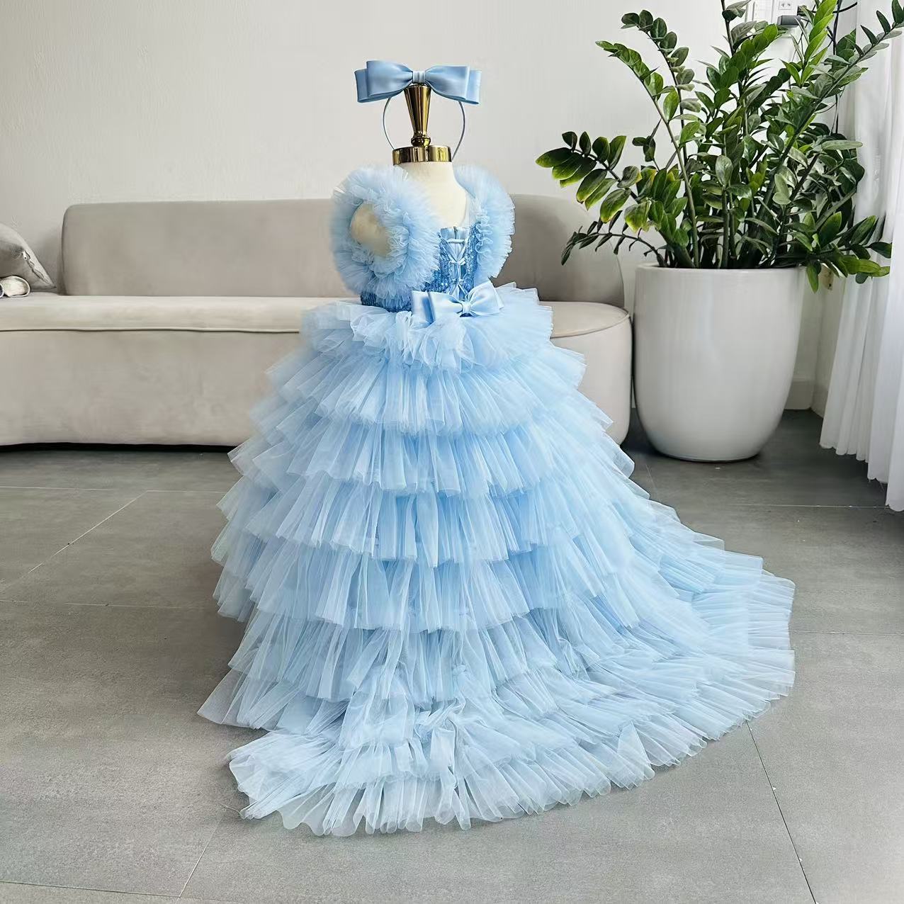 Puffy Long  Dress with Train: Blue