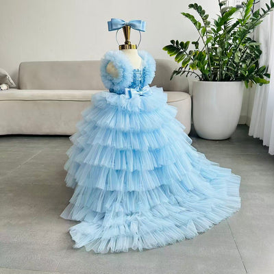 Puffy Long  Dress with Train: Blue