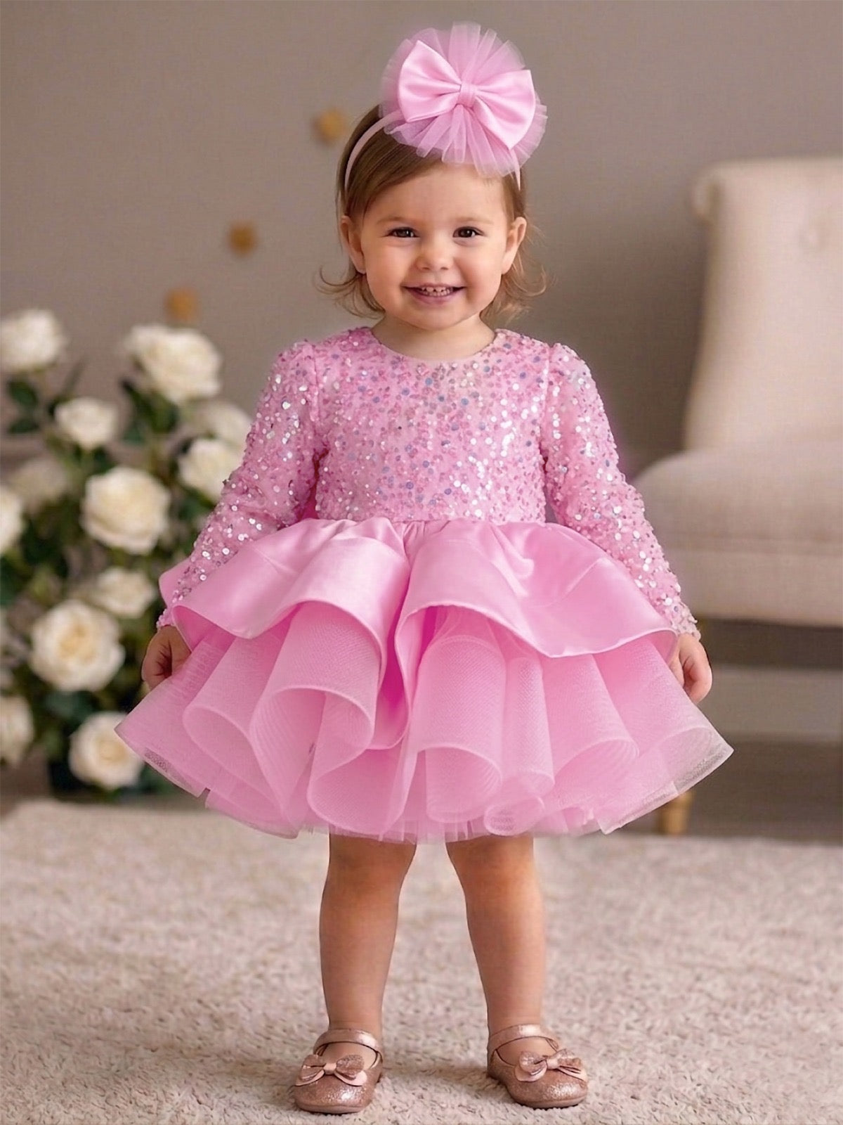 Young Girl wearing a pink first birthday dress with a crown