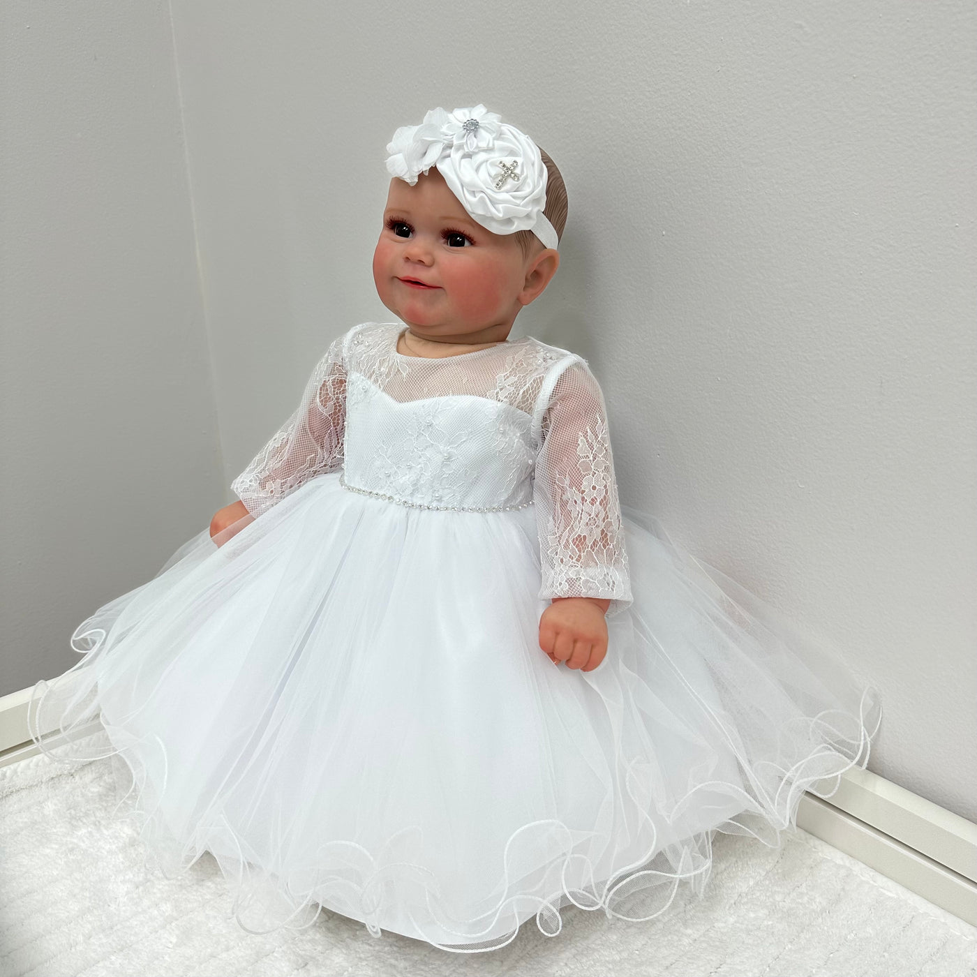 Jessica Baby Dress with Lace Sleeves: WHITE