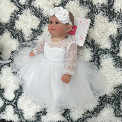 Jessica Baby Dress with Lace Sleeves: WHITE
