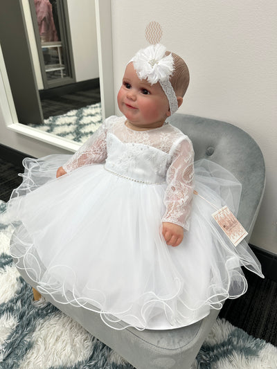 Jessica Baby Dress with Lace Sleeves: WHITE