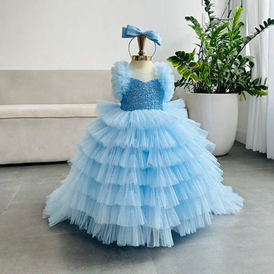 Puffy Long  Dress with Train: Blue