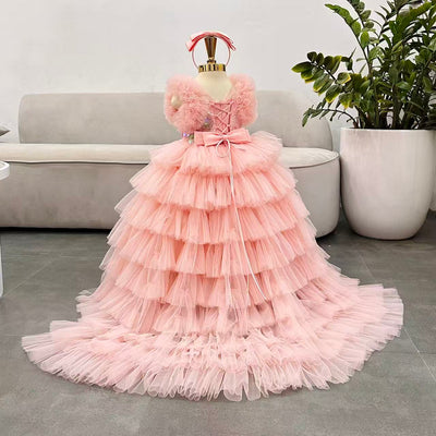 Puffy Long  Dress with Train: Peach