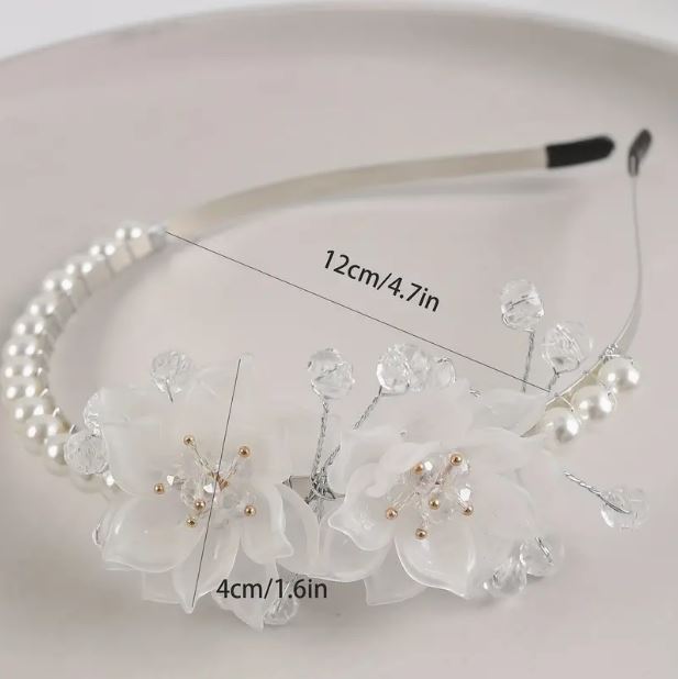 Pearl and Crystal Headband: White
