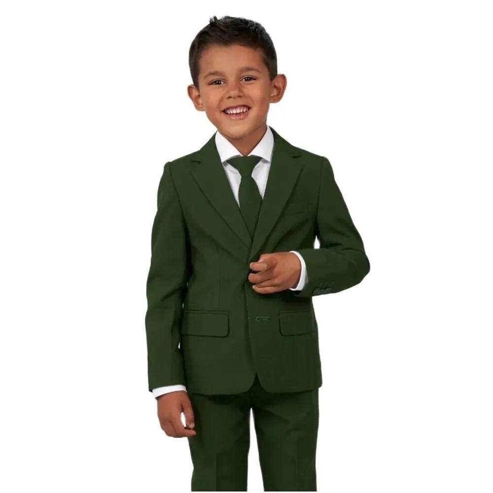 Child wearing a green suit with a white shirt and green tie on a white background